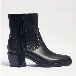 Black Leather Ankle Boots with Fringe